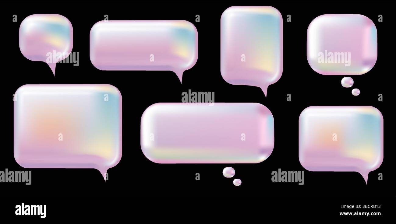 3d y2k Pink Speech Bubble set. Realistic vector illustration design. Balloon 3D style of thinking sign symbol. Metal, luxury, glossy, shiny, chat, dialogue, shape template. Stock Vector