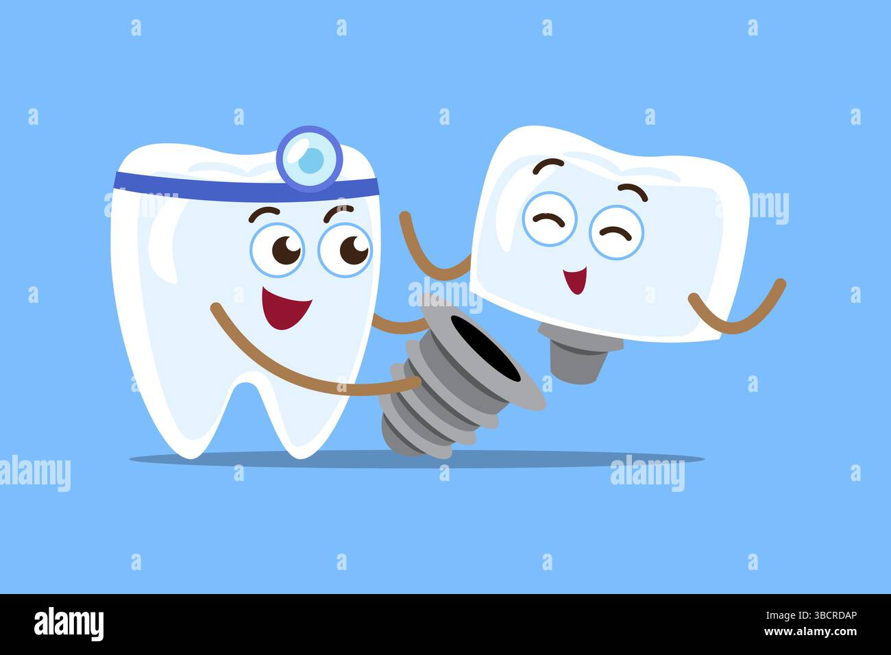 Dental implant . Dentist and artificial tooth with screw . Cartoon characters . Vector . Stock Vector