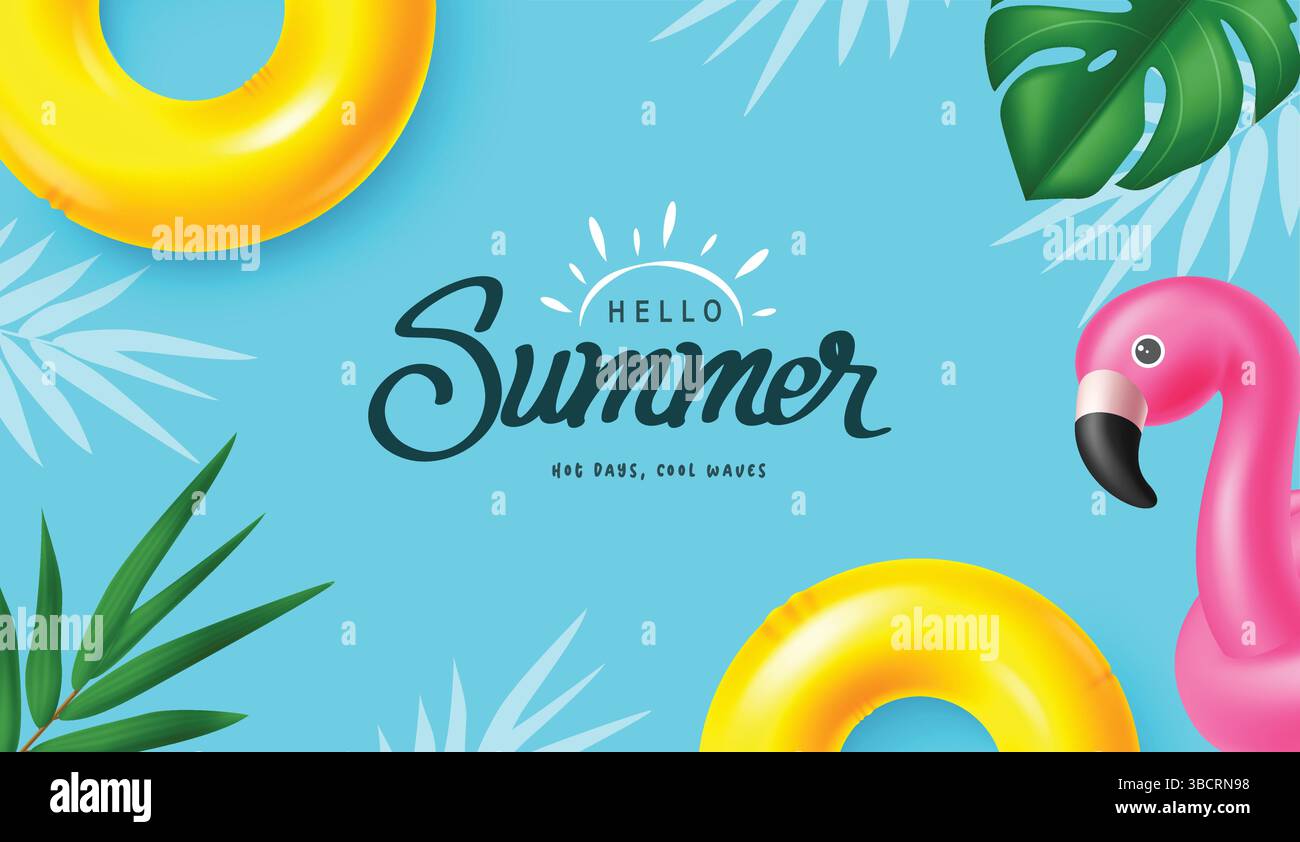 Hello summer text vector template design. Hello summer greeting text with floaters. Stock Vector