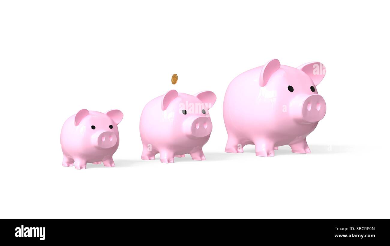 three piggy banks of three different sizes - 3D rendering, white ...