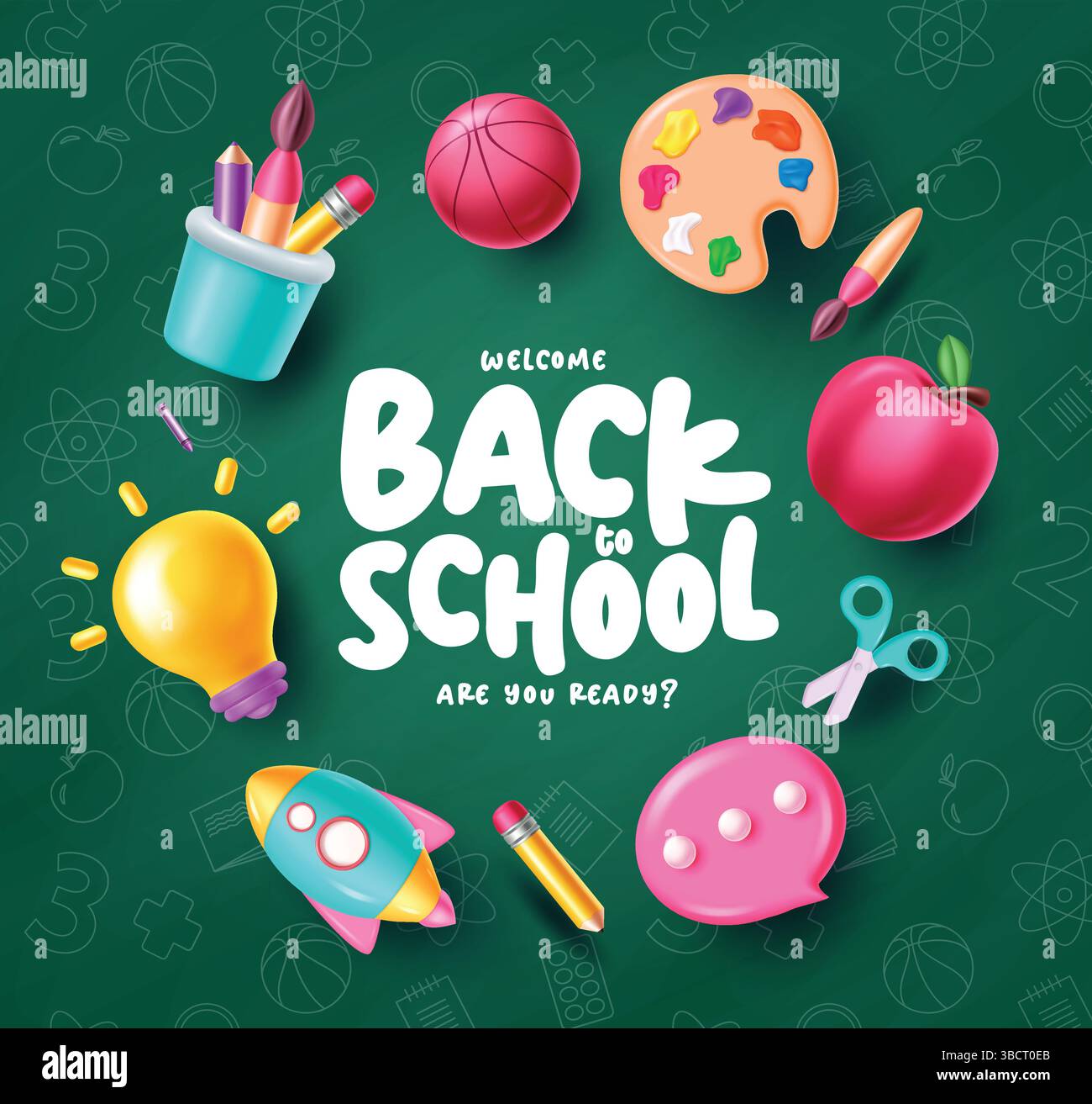 Back to school text vector design. Welcome back to school greeting in chalk board pattern background with back to school elements. Stock Vector