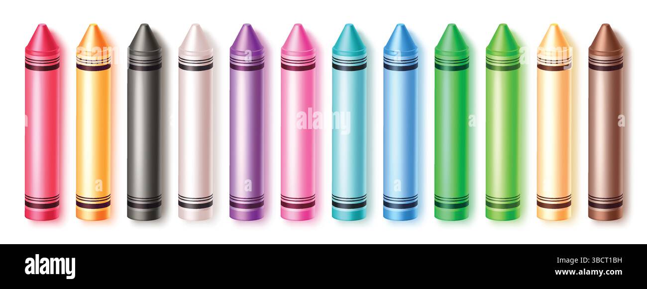 Crayons set vector design. Colorful wax pencils collection, isolated in white background. Vector illustration of coloring material. Stock Vector