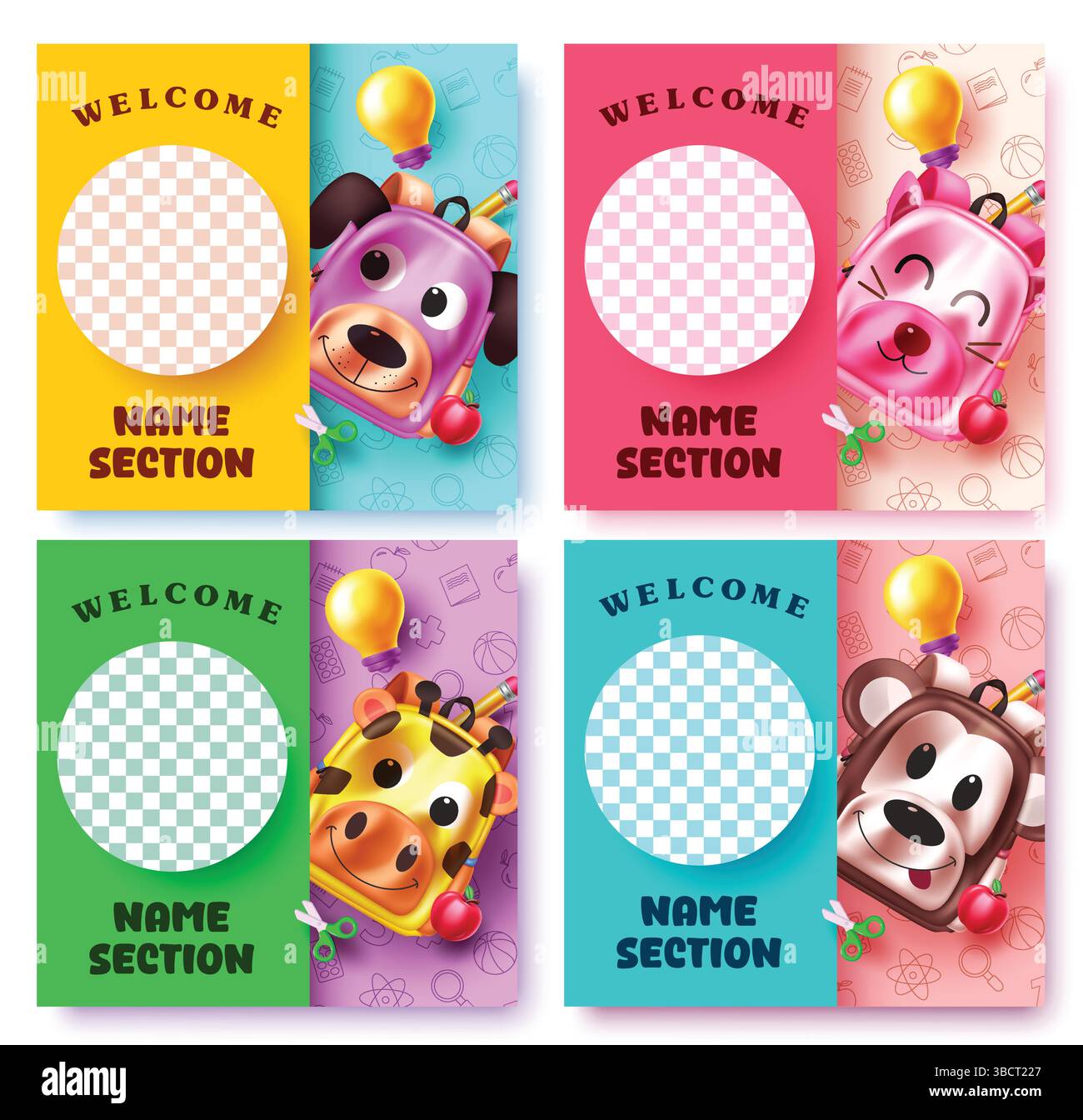 Back to school clipart poster design template. School greeting text with cute and colorful educational element in paper cut concept Stock Vector