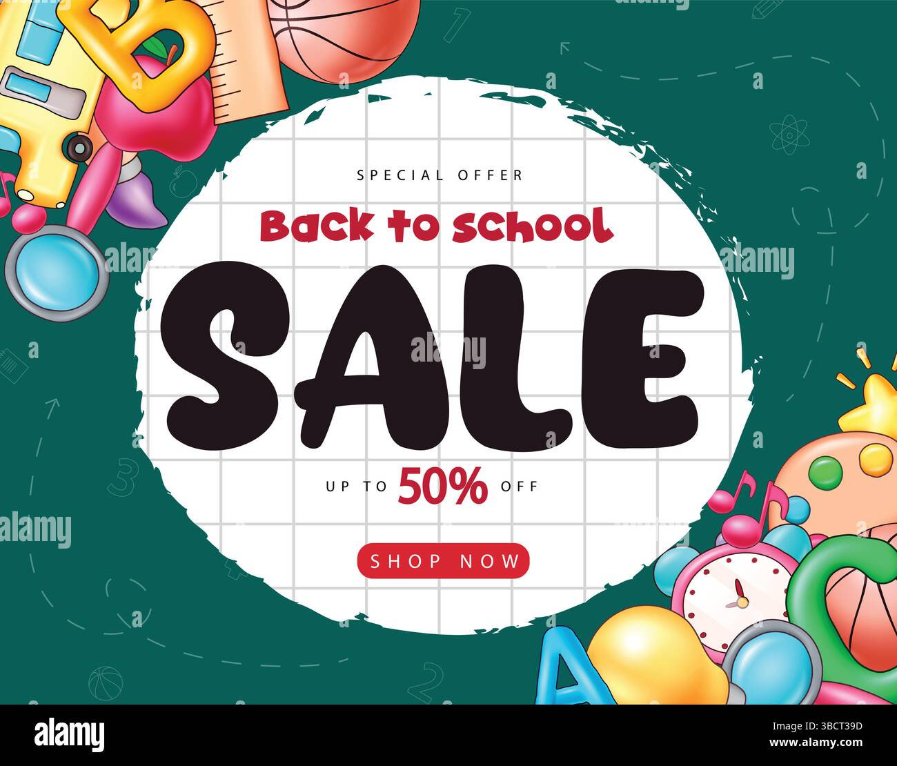 Back to school sale text, Back to school text with doodle educational elements, supplies and items for learning background. Vector illustration Stock Vector