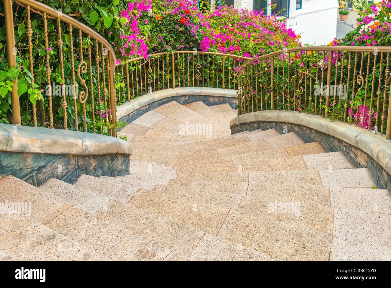 Curved stone staircase with decorative railing surrounded by vibrant ...