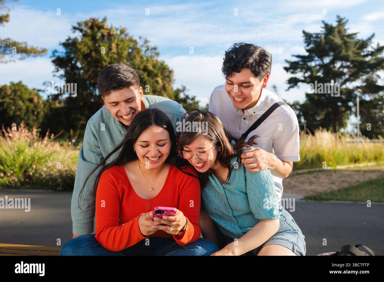 Group of young students using mobile phone in a park Stock Photo