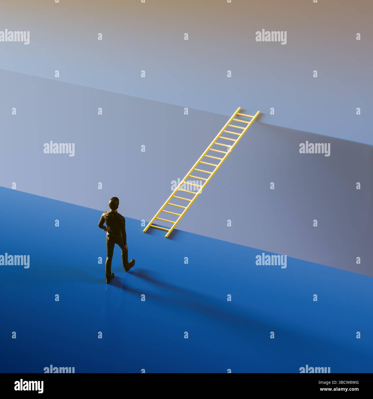 A man walking to a gap in the floor bridged by a ladder. Concept for ...