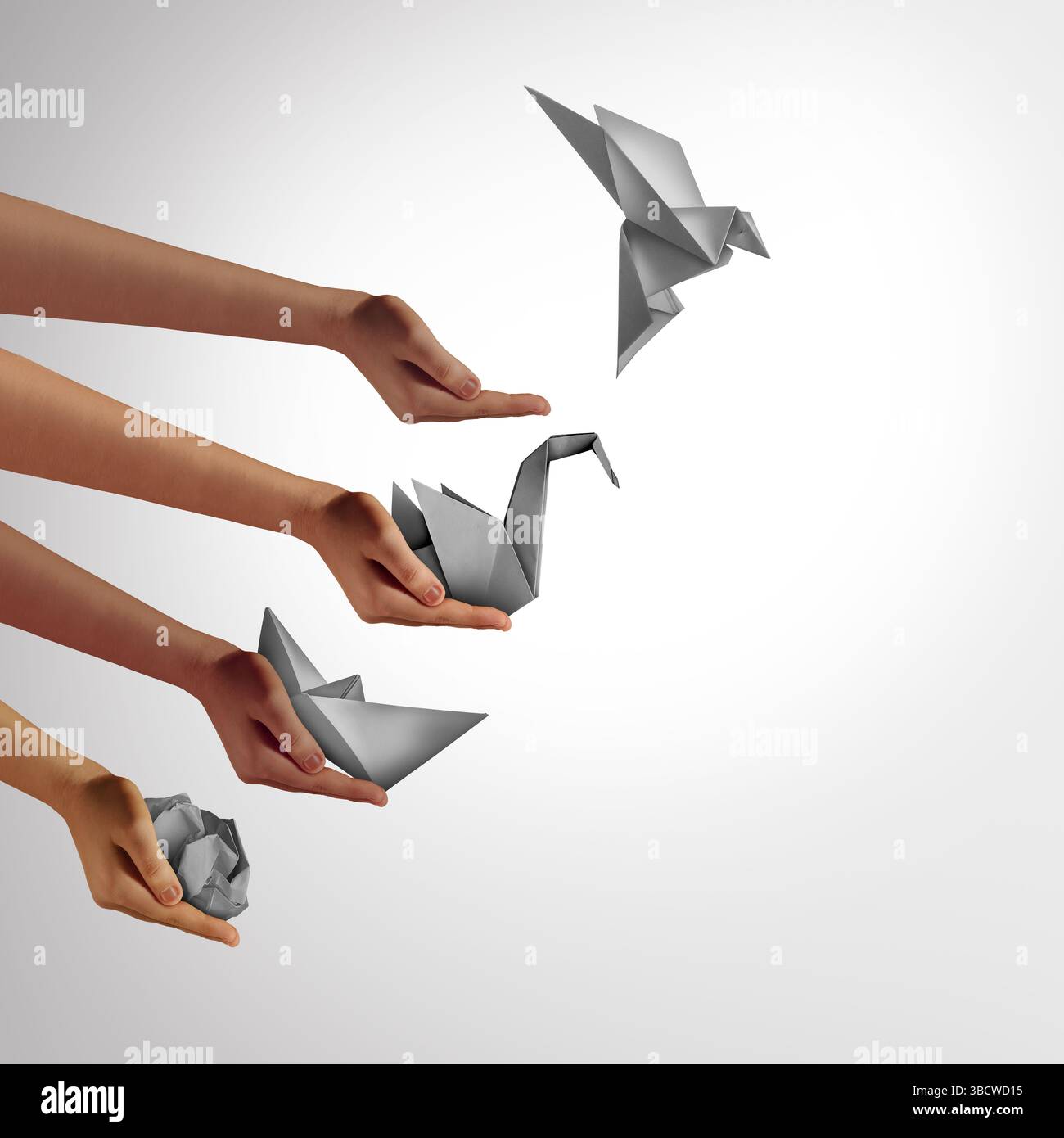 Creativity And Vision as changing for success as a leadership and business change through innovation and evolution of ability as a crumpled paper tran Stock Photo