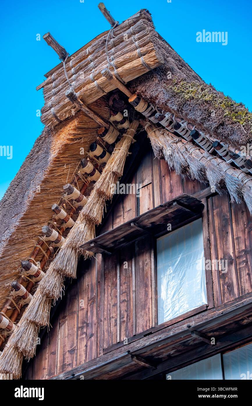 Detail of Gassho-zukuri construction, Hida No Sato, Hida Folk Village, Takayama, Japan Stock Photo