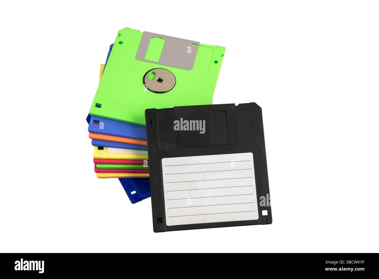 Stack of colorful floppy disks with one labeled black disk in front ...