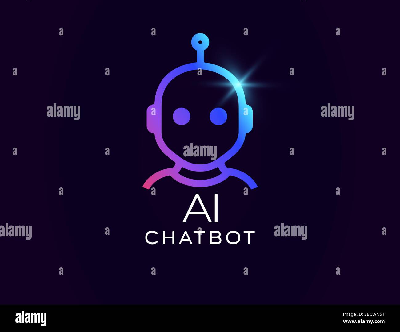 AI chatbot logo with friendly robot avatar, glowing gradient lines, virtual assistant look. Perfect for customer support apps, automation services Stock Vector
