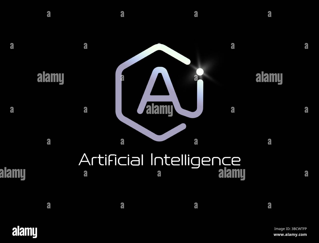 Artificial intelligence logo in hexagon liner shape, glowing tech futuristic style emblem for AI platforms, tech startups, smart software branding Stock Vector