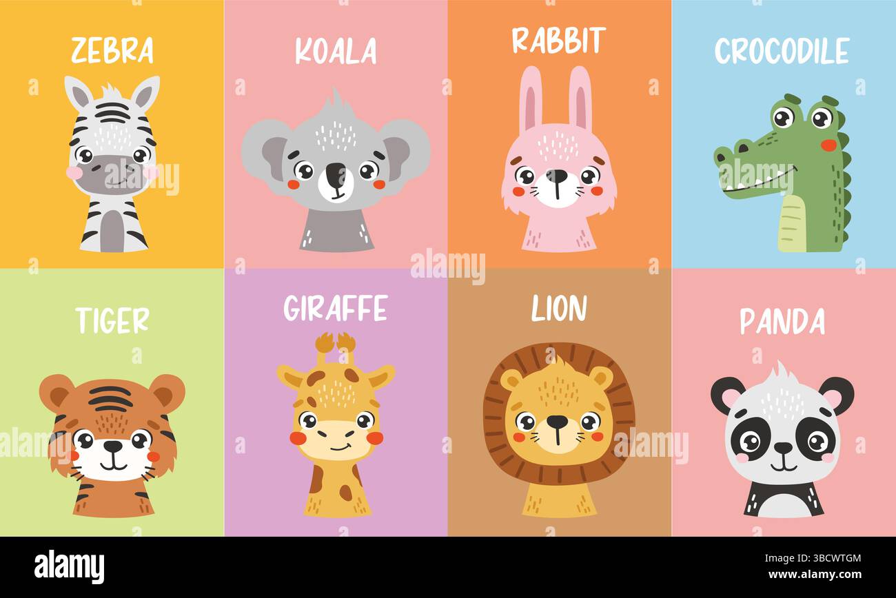 Safari animals set isolated, cute jungle animals, kids posters, cartoon ...