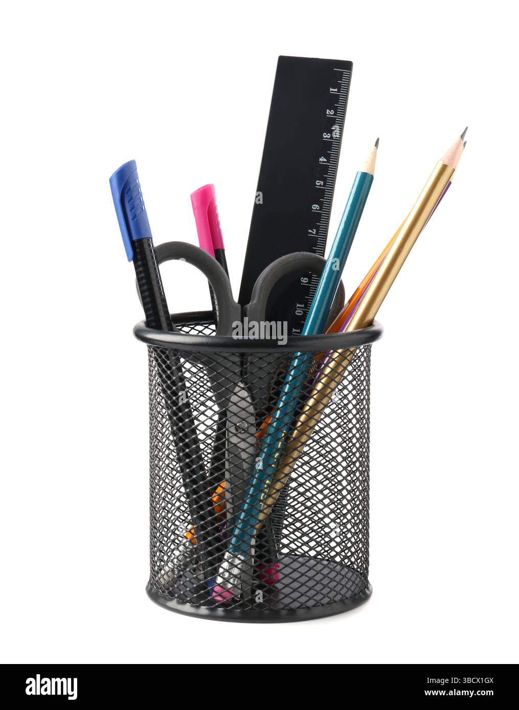 Different stationery in pen holder isolated on white Stock Photo