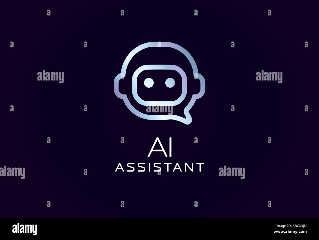 AI assistant logo with robot face in speech bubble shape, glowing futuristic lines. Ideal for chatbots, digital helpers, smart support tools, tech Stock Vector
