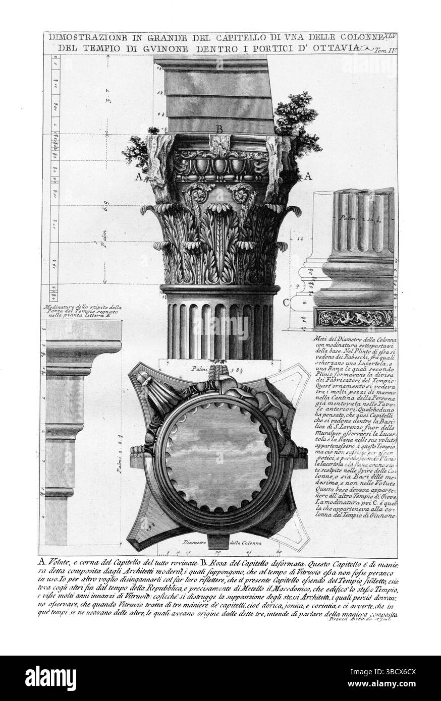 Detailed 19th-century illustration showing a classical column capital from the Temple of Juno inside the Portico of Octavia, Rome - ancient Roman arch Stock Photo