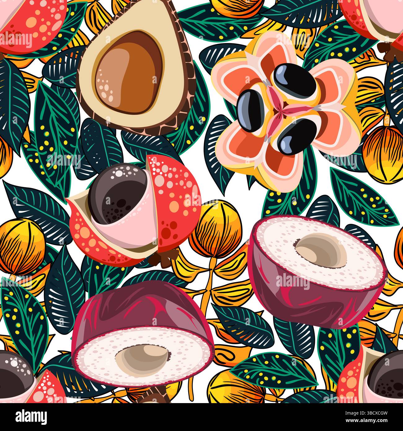 Exotic fruits and plants seamless botanical patterns vector illustration Stock Vector