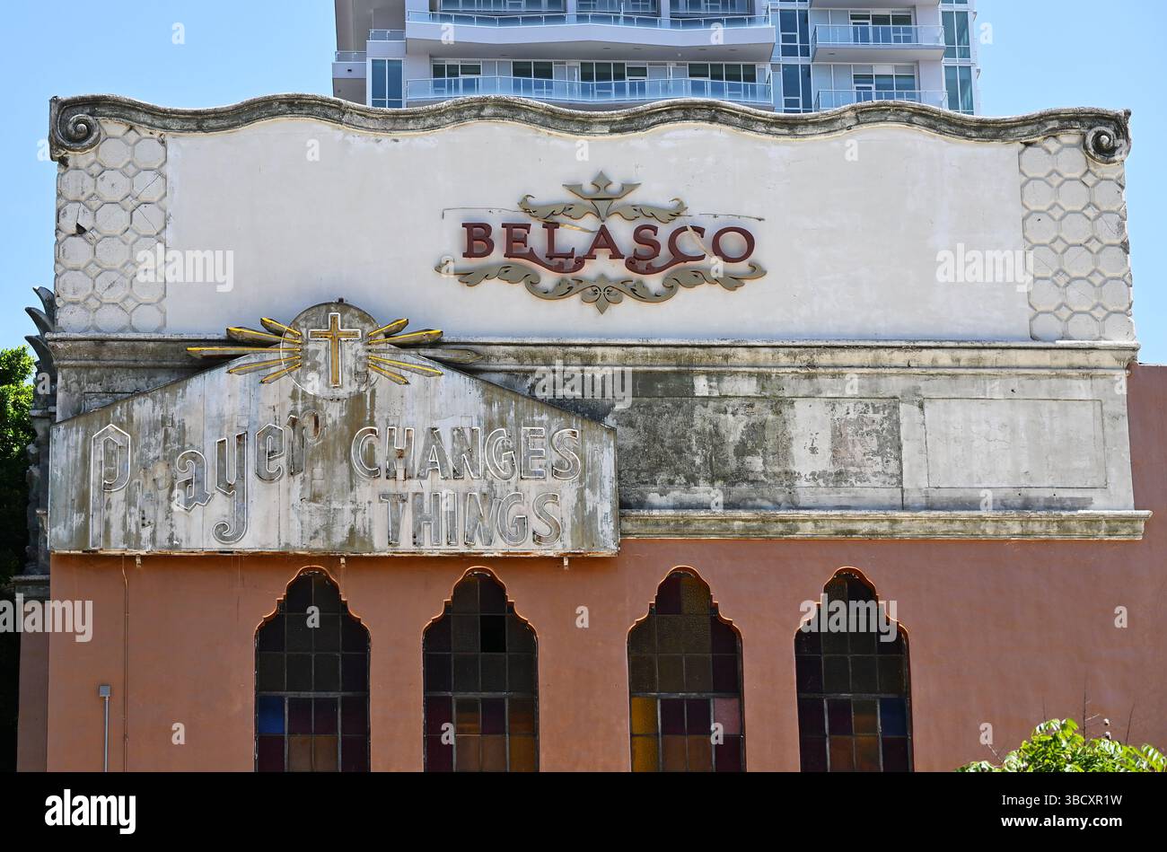 LOS ANGELES, CALIFORNIA - 19 MAY 2025: Belasco Immanuel Gospel Temple building, now the Belasco Theater a music venue at Hill Strteet and 11th Street. Stock Photo