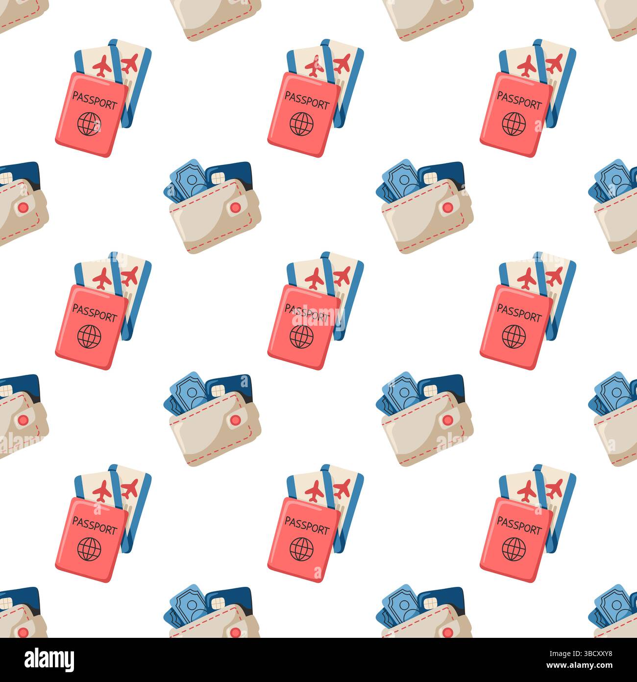 Seamless pattern with cartoon passports, boarding passes and wallets. Travel-themed vector background Stock Vector