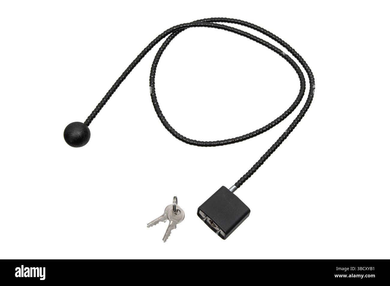 Gun lock cable with keys on white background. Stock Photo