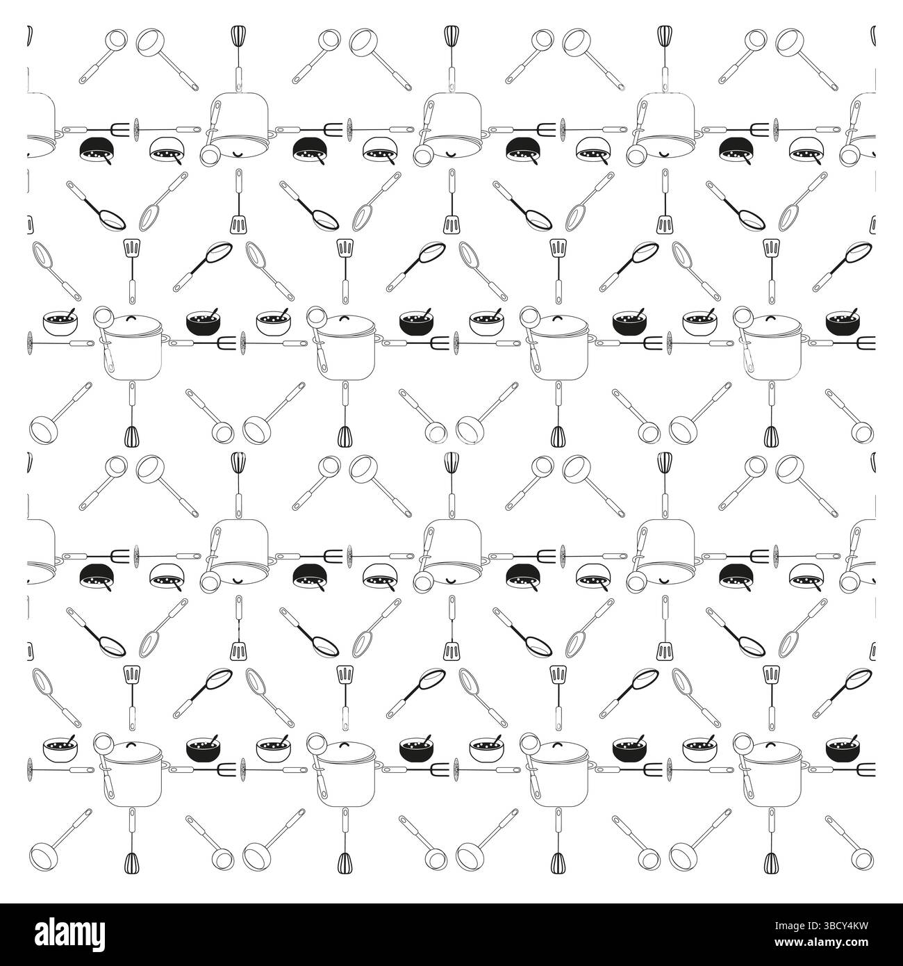 Kitchen objects pattern. Cooking pot elements. Soup bowl repetition. Monochrome seamless background. Stock Vector