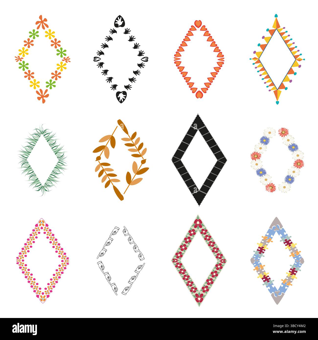 Diamond frames set. Multicolor zigzag pattern. Green leaf border ...