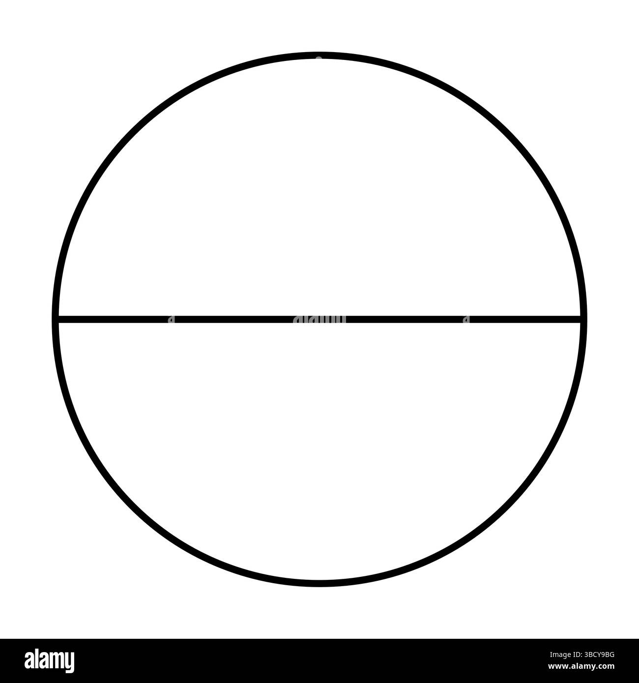 Minimalist black line chart, outline style.. Divided circle in two segments. Pieround shape cut in 2 slices.  Stock Vector