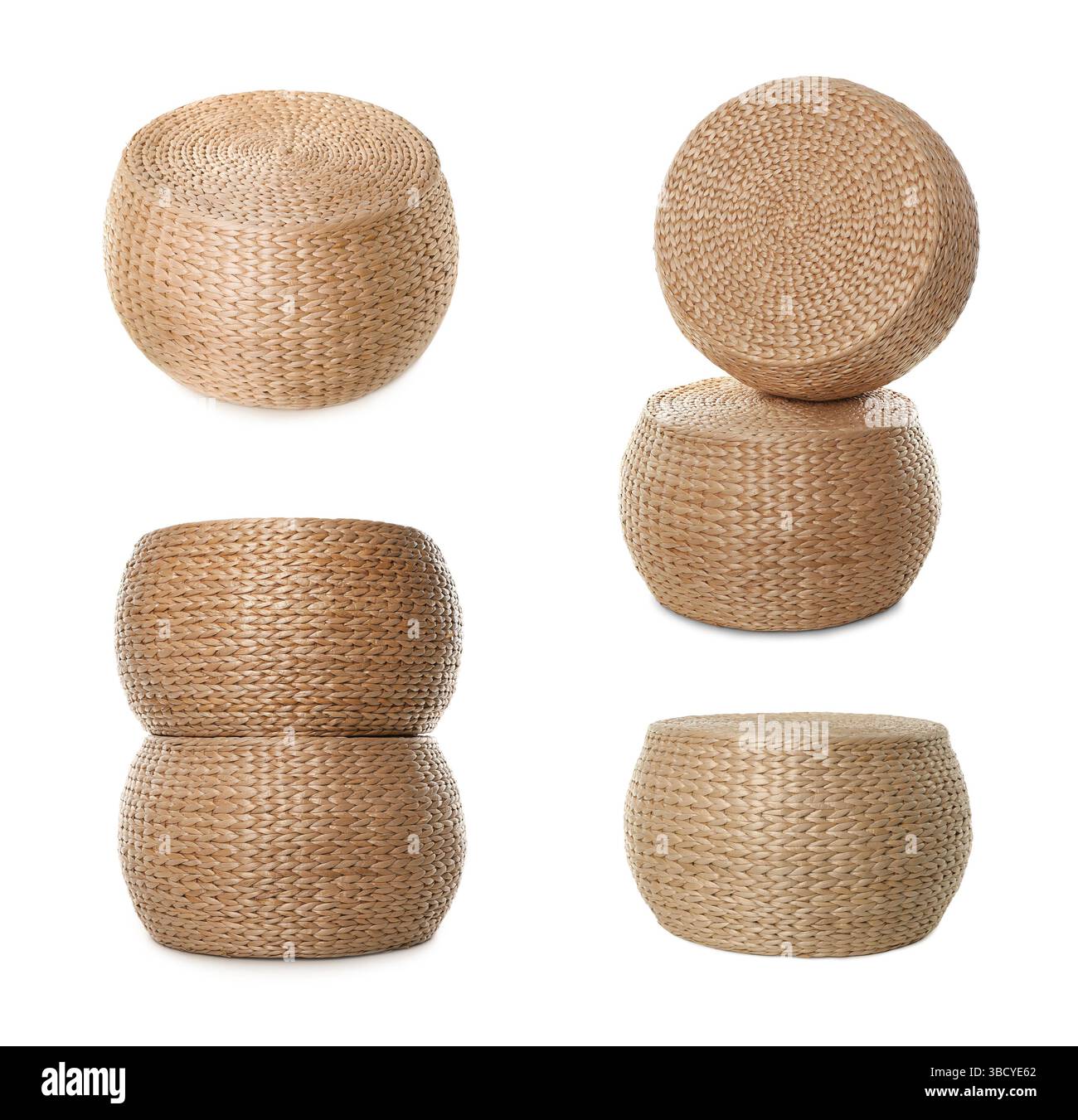 Straw poufs isolated on white, collage. Interior element Stock Photo