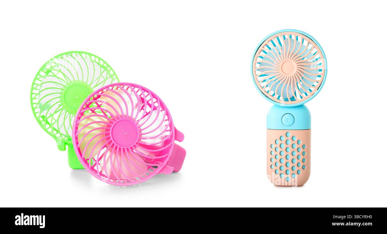 Set of small portable electric fans on white background Stock Photo