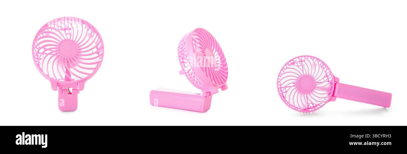 Set of small portable electric fans on white background Stock Photo