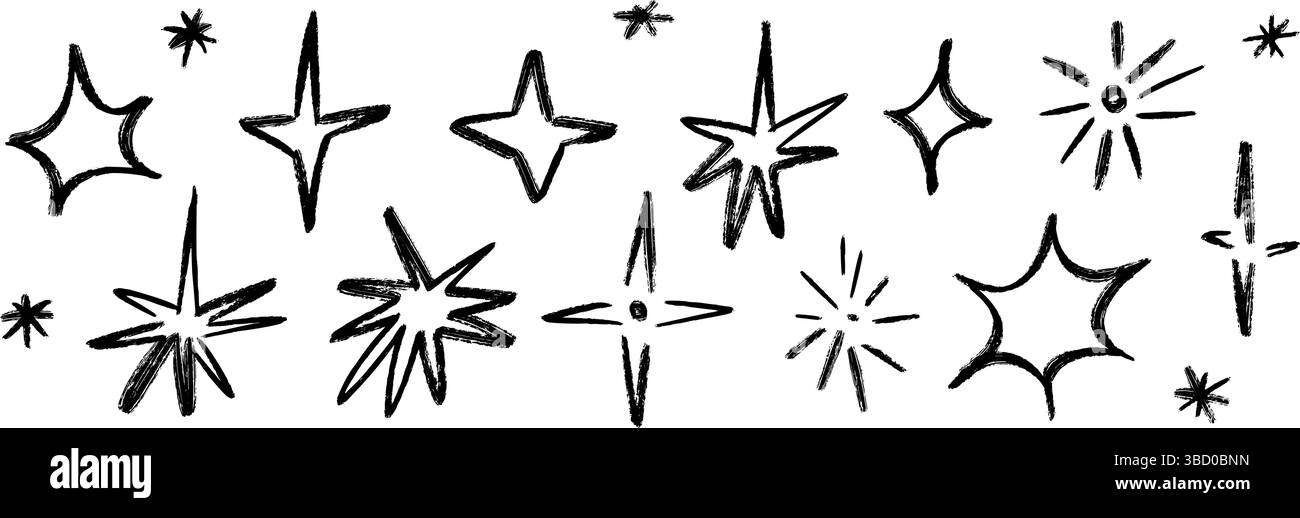 Black crayon hand drawn stars set. Childish doodled sparks and sparkles ...