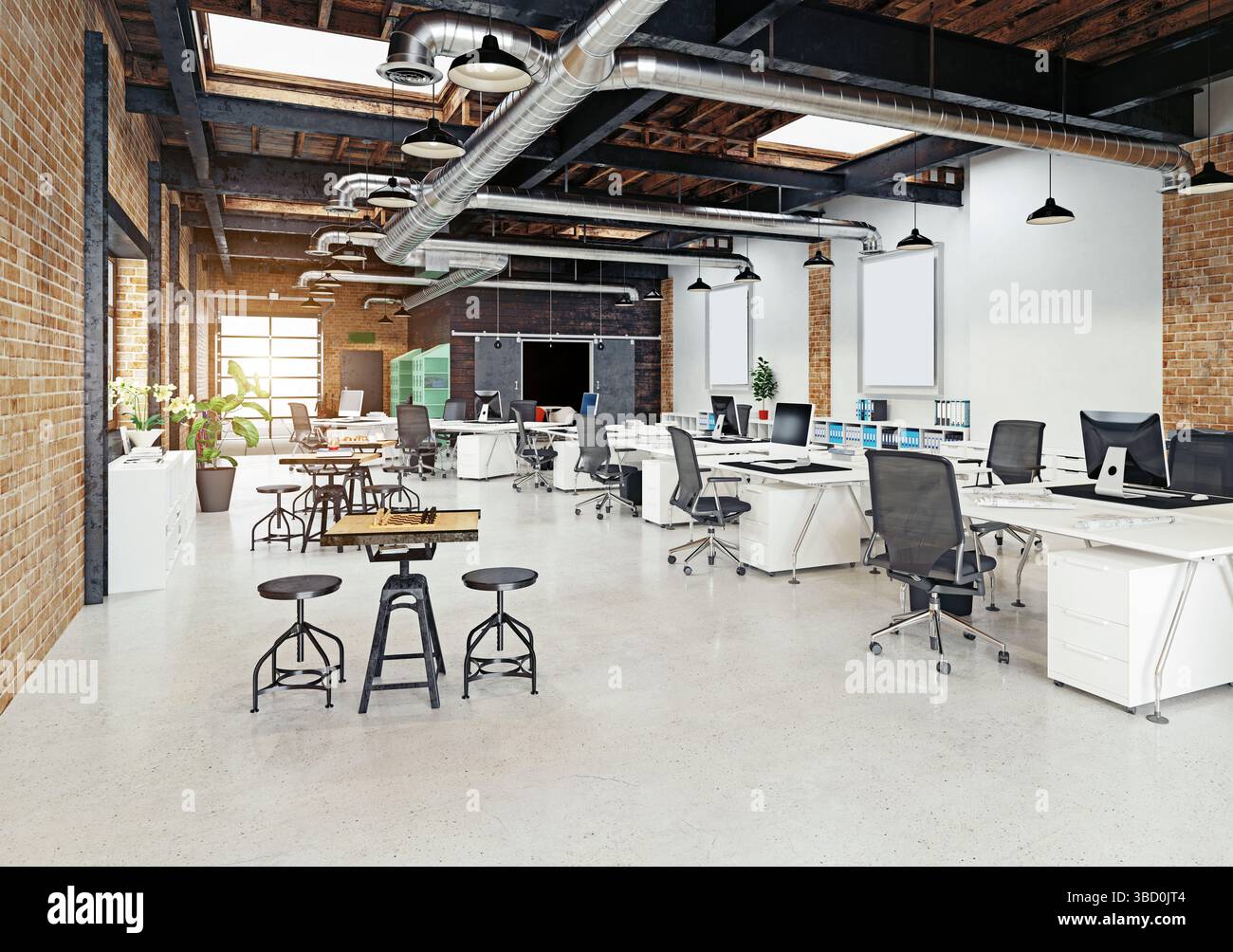 Spacious office with multiple workstations and lighting. 3D rendering. Stock Photo