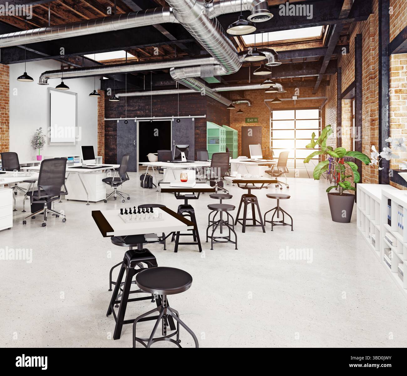 Spacious office with multiple workstations and lighting. 3D rendering. Stock Photo