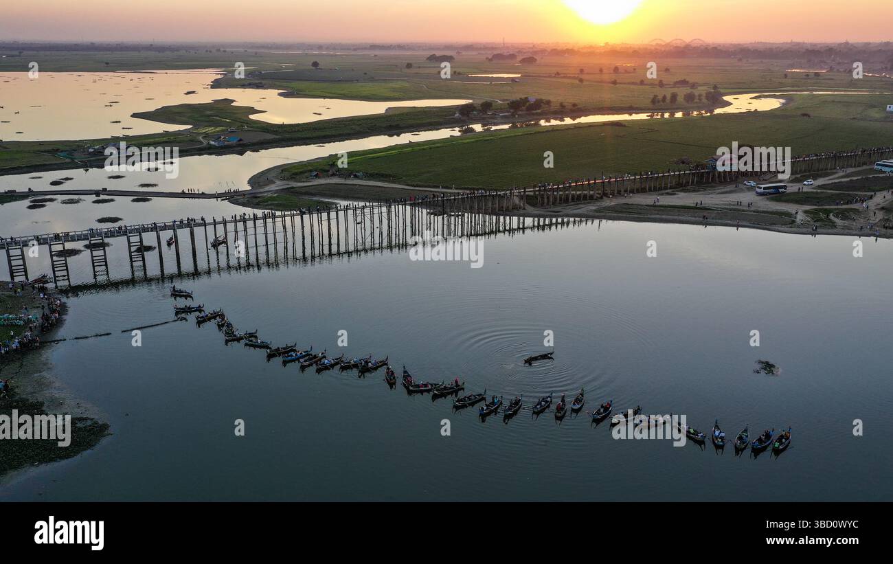 Aerial panoramic view of U Bein bridge at sunset, Taungthaman Lake near ...