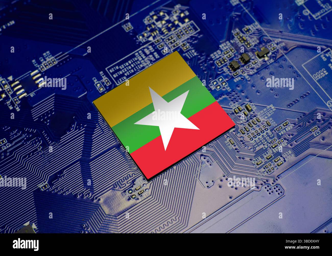 Flag of Myanmar on CPU operating chipset computer electronic circuit board Stock Photo