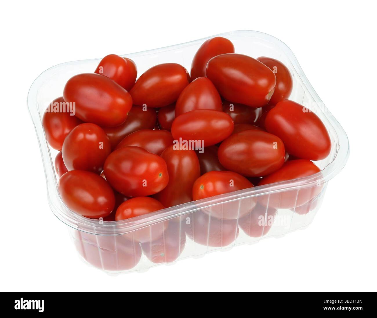 Red mini tomatoes in a clear plastic container. Isolated on white macro Stock Photo