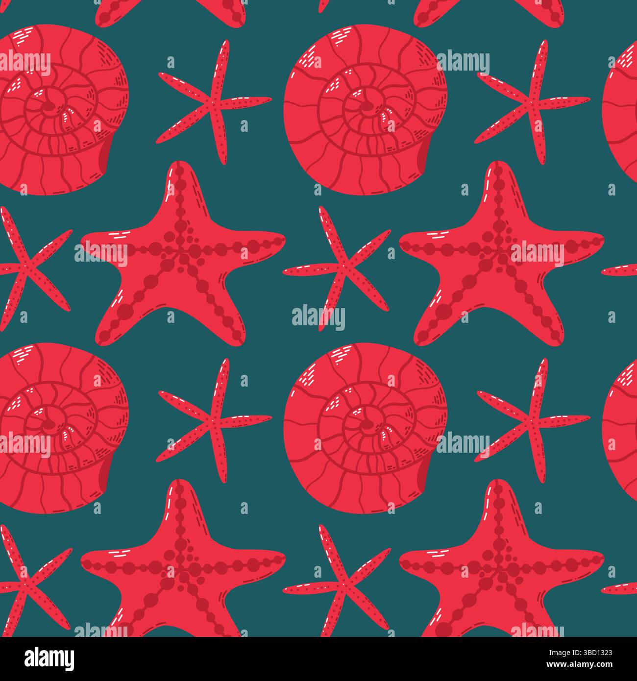 Shell Pattern Star Fish Seamless Pattern Featuring Red Starfish and Shells with Marine Theme ...