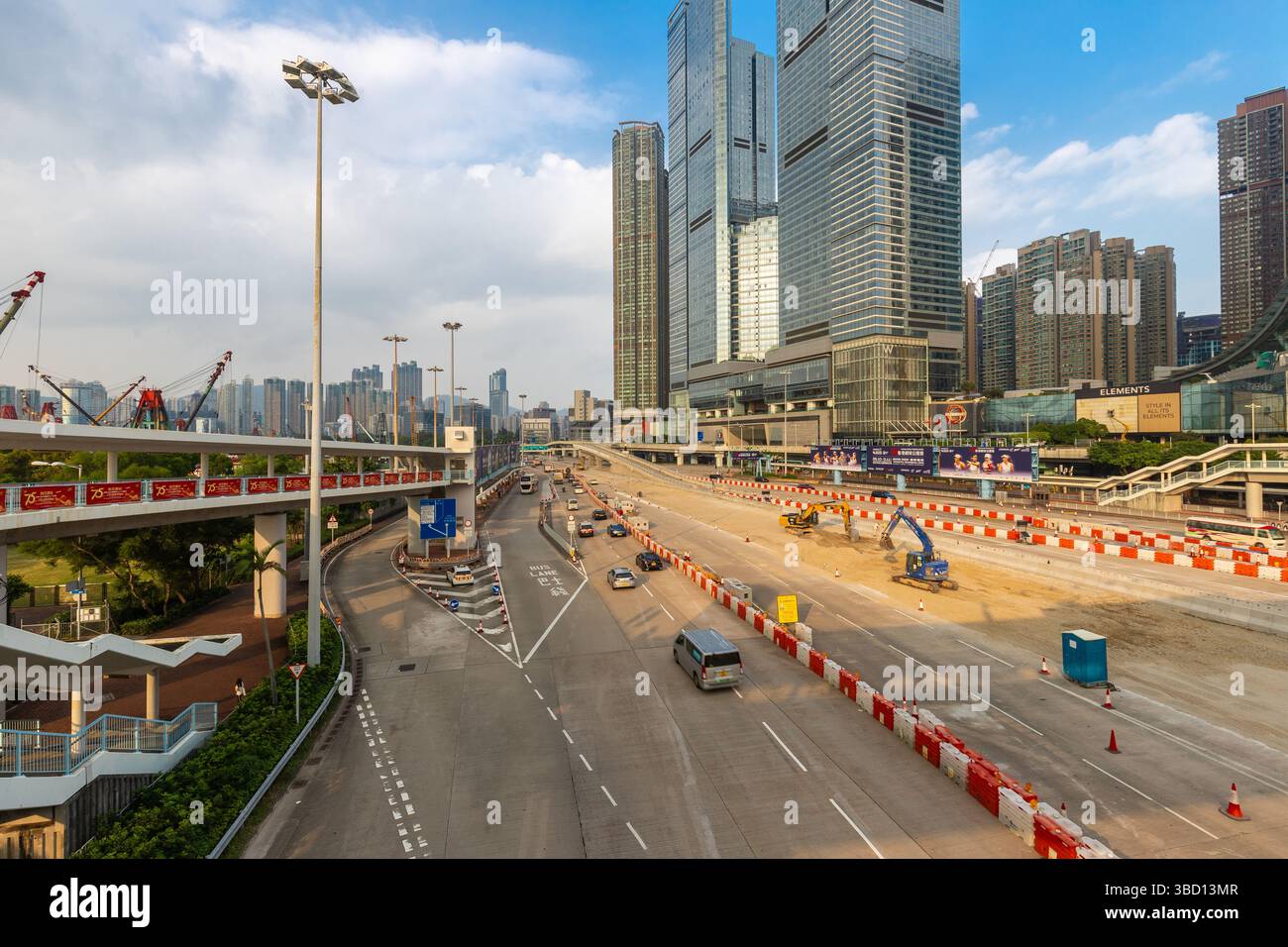 Road construction works in the cultural district of Kowloon, to guarantee future increase of traffic to have less issues with traffic jams and smoothe Stock Photo