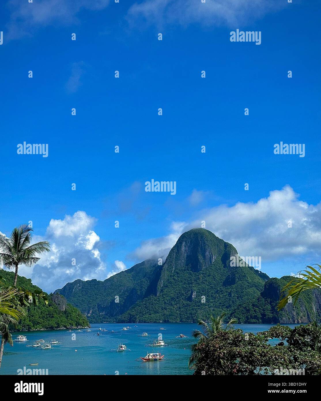 Tropical bay with turquoise waters and lush green mountains under a clear blue sky, dotted with boats near a palm-fringed shoreline - Smartphone Captured Stock Image