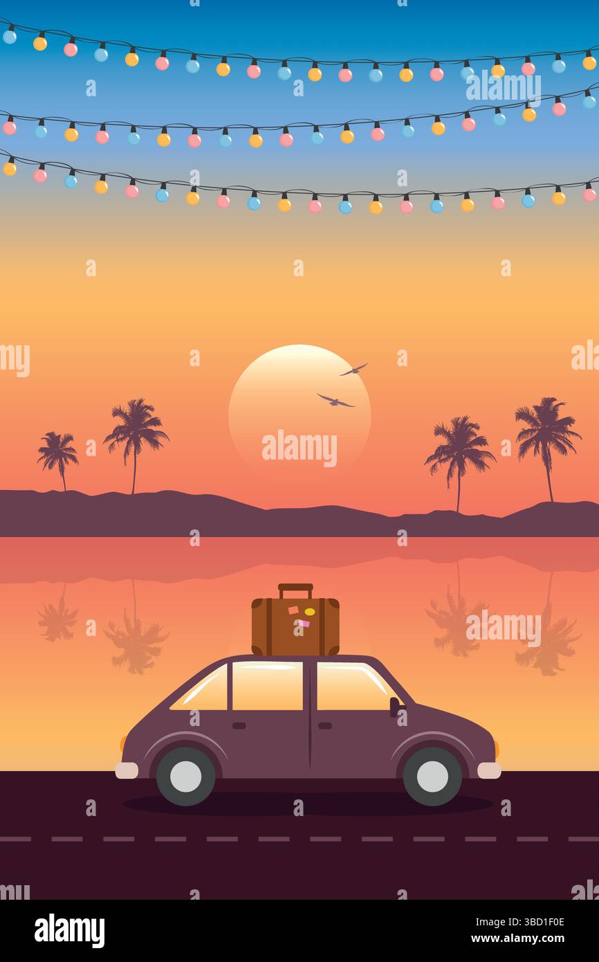 road trip adventure car on tropical landscape vector illustration Stock ...