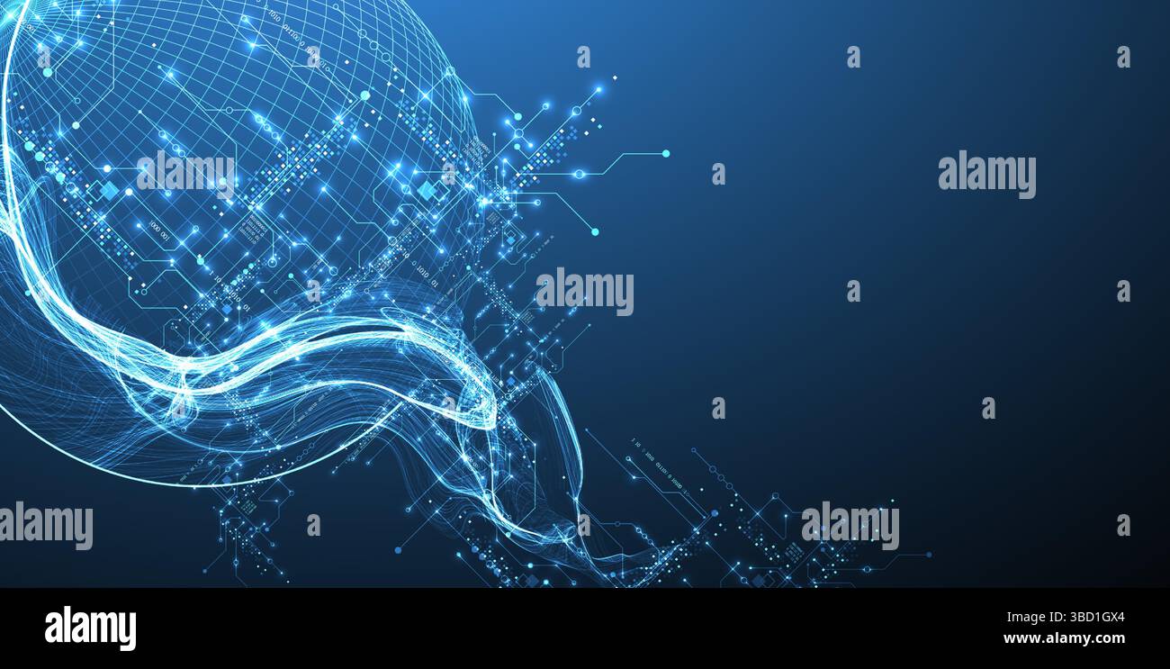 Abstract data wave with sphere and futuristic circuit lines. Technology concept. Vector Stock Vector