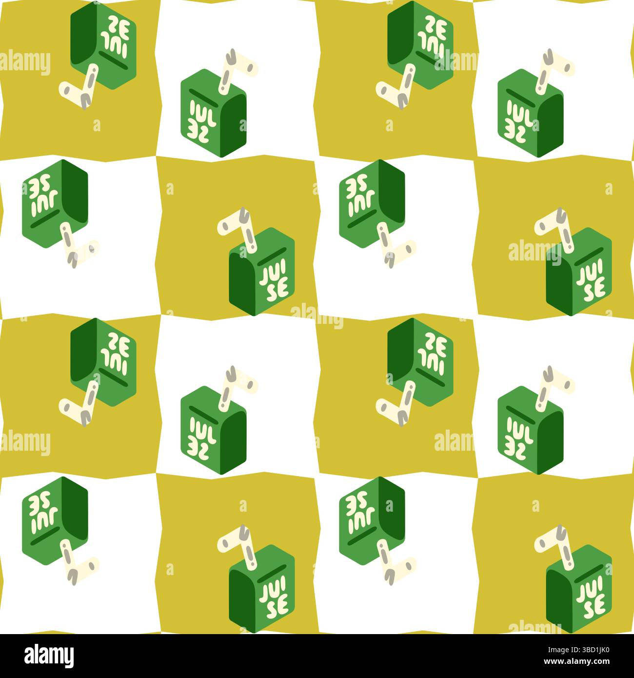 Seamless pattern with stylized green juice boxes and straws. Geometric flat design with alternating yellow and white background. Stock Vector