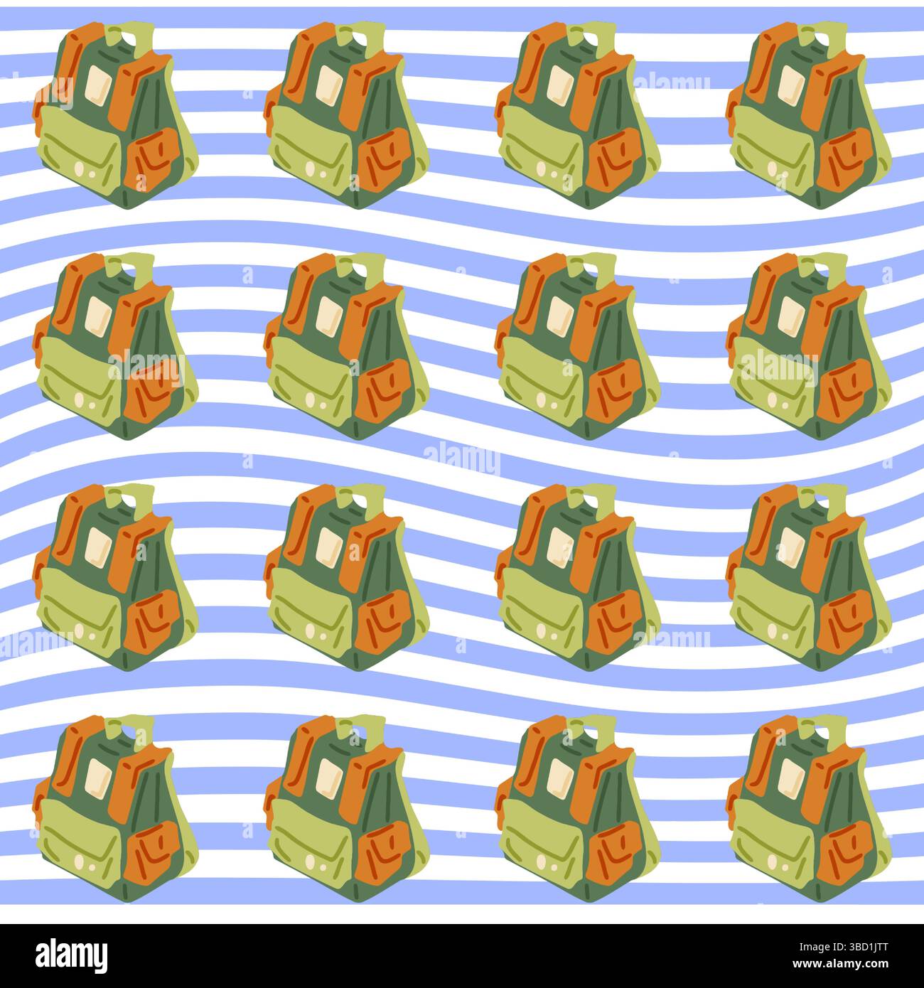 Seamless pattern with cartoon camping backpacks in flat style. Outdoor adventure design on wavy blue and white striped background. Stock Vector
