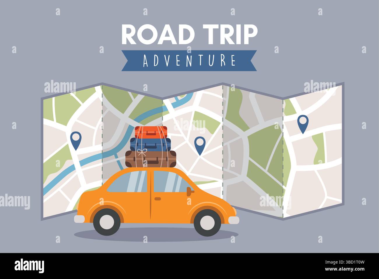 road trip adventure travel concept with car and street map vector ...