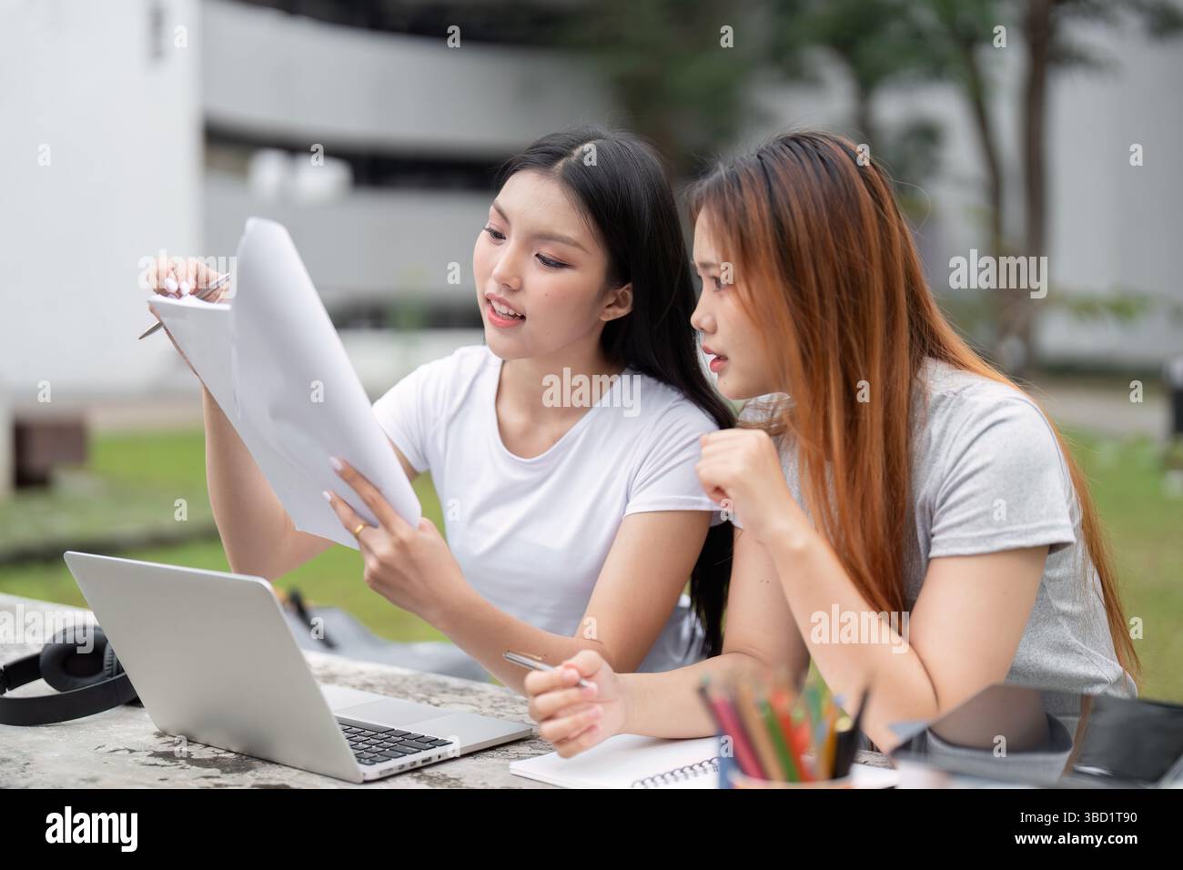 Focus and Study Techniques. Two students collaborating on their studies, reviewing documents in an inviting study space. Stock Photo