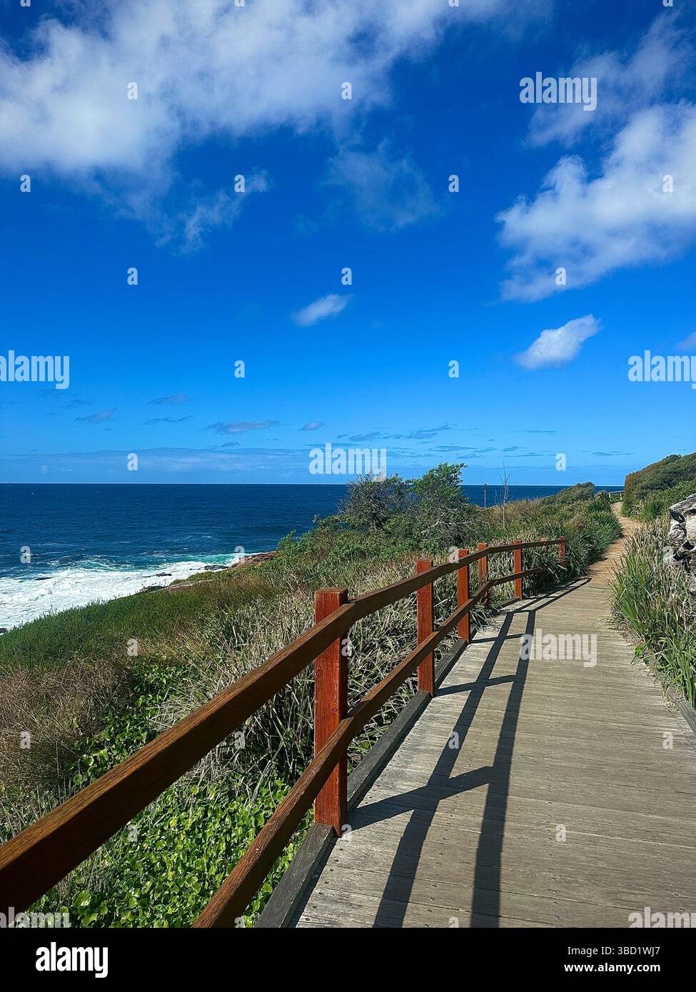 Scenic coastal boardwalk with wooden railing leading along rugged shoreline under a bright blue sky with scattered clouds. - Smartphone Captured Stock Image