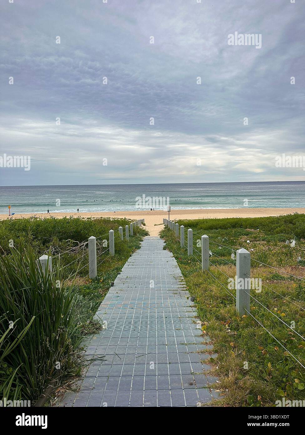 Pathway leading to a serene beach with gentle waves under a cloudy sky, capturing the peaceful charm of a coastal escape. - Smartphone Captured Stock Image