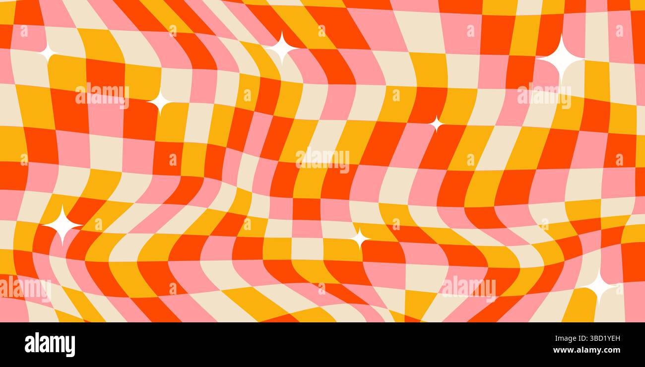 Trippy groovy checker vector background. Retro wavy abstract checkerboard backdrop. Curved distorted check geometric pattern. Pink, red, yellow and Stock Vector
