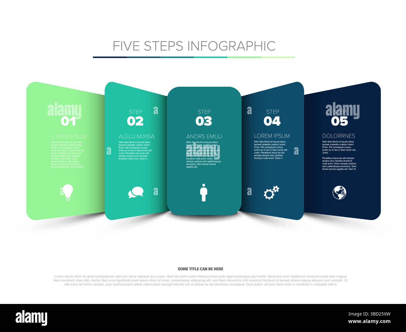 This horizontal five steps infographic template presents a clear visual layout. Each of the five steps includes icons and placeholder text for process Stock Vector