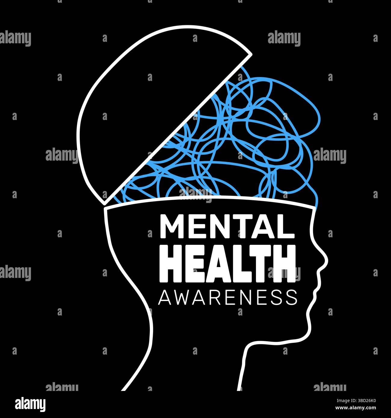 Mental Health awareness background with a simple head shape with scribbled lines for brain Stock Vector